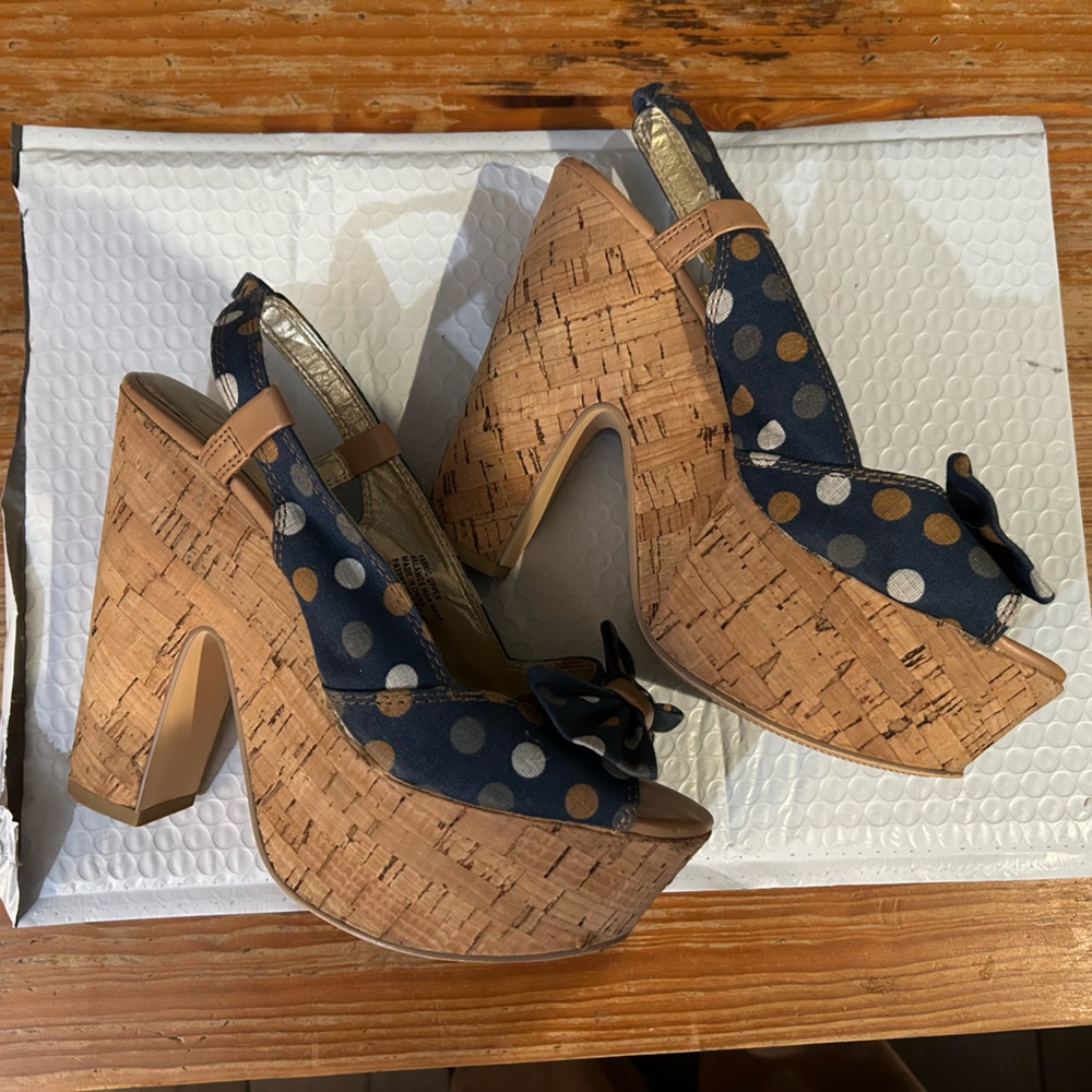 Seychelles Blue and Tan Platform Sandals with Cork Wedge